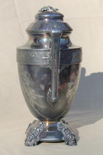 photo of antique aesthetic silverplate coffee pot w/ ornate birds & figures engraved 1889 #14