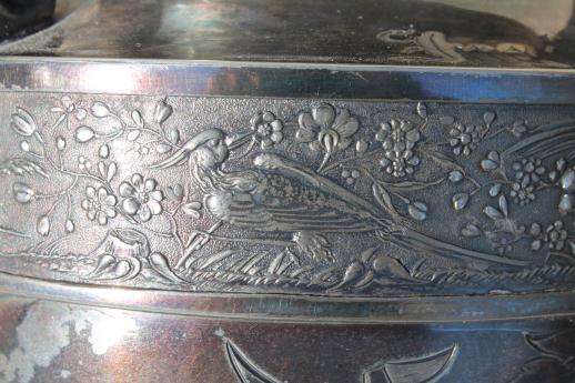 photo of antique aesthetic silverplate coffee pot w/ ornate birds & figures engraved 1889 #18