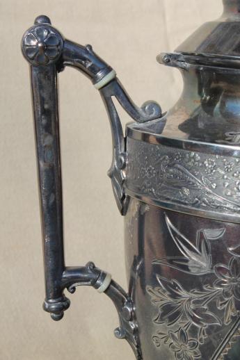 photo of antique aesthetic silverplate coffee pot w/ ornate birds & figures engraved 1889 #19