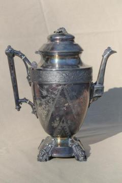 catalog photo of antique aesthetic silverplate coffee pot w/ ornate birds & figures engraved 1889