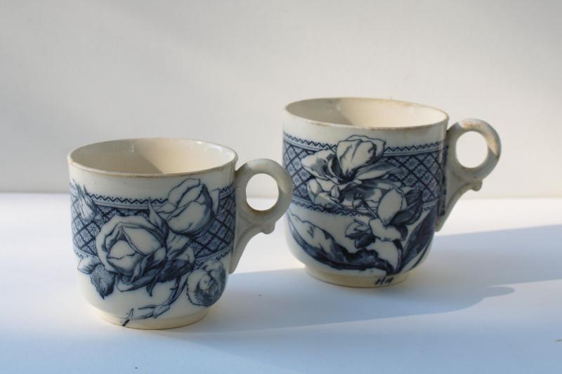 photo of antique aesthetic vintage flow blue transferware china mugs, large & small cups #1