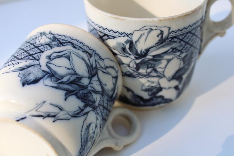 photo of antique aesthetic vintage flow blue transferware china mugs, large & small cups #4