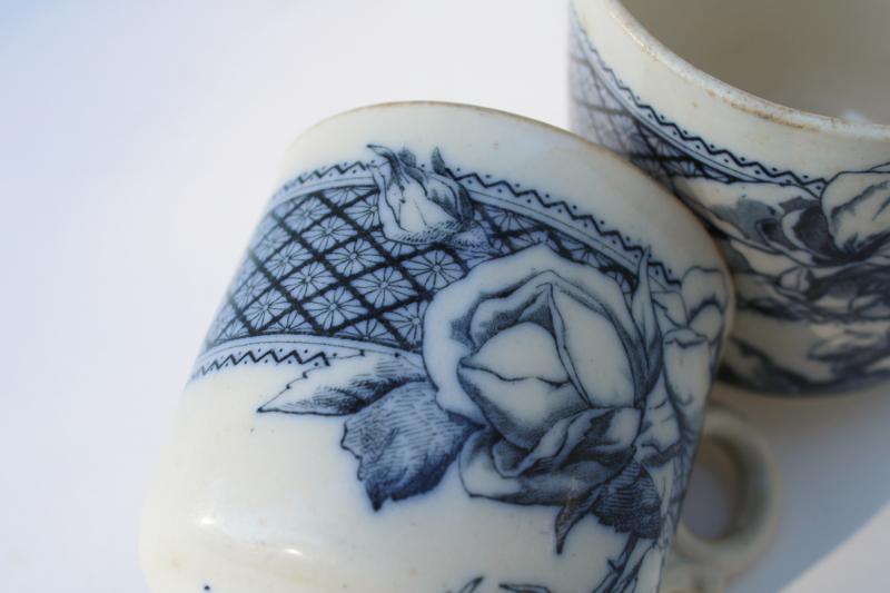 photo of antique aesthetic vintage flow blue transferware china mugs, large & small cups #5