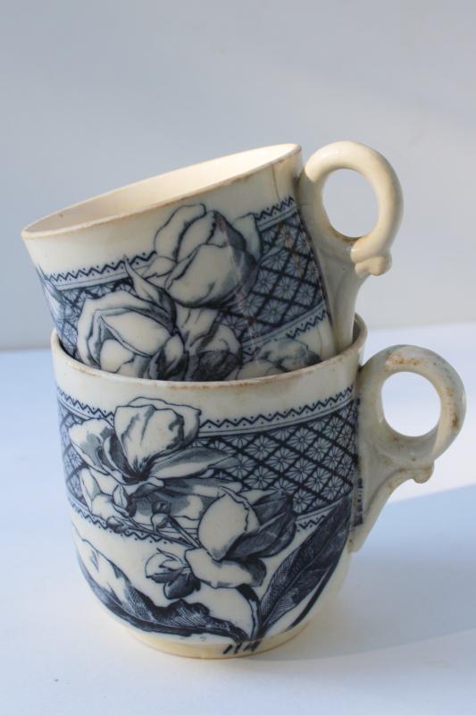 photo of antique aesthetic vintage flow blue transferware china mugs, large & small cups #7