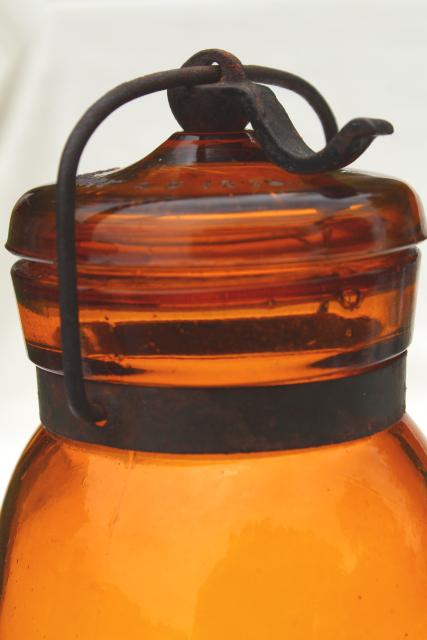 photo of antique amber glass bottle Globe fruit canning jar w/ wire bail lid vintage 1886 patent date #2