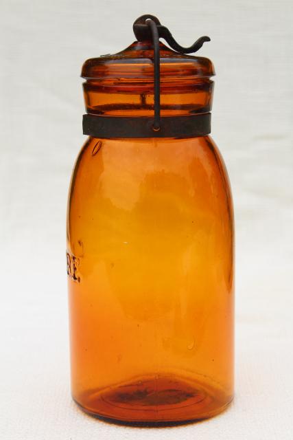 photo of antique amber glass bottle Globe fruit canning jar w/ wire bail lid vintage 1886 patent date #3