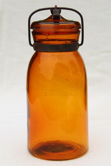 photo of antique amber glass bottle Globe fruit canning jar w/ wire bail lid vintage 1886 patent date #4
