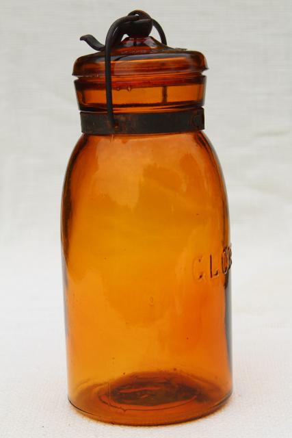 photo of antique amber glass bottle Globe fruit canning jar w/ wire bail lid vintage 1886 patent date #5