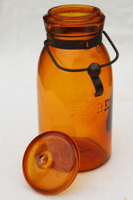 photo of antique amber glass bottle Globe fruit canning jar w/ wire bail lid vintage 1886 patent date #6