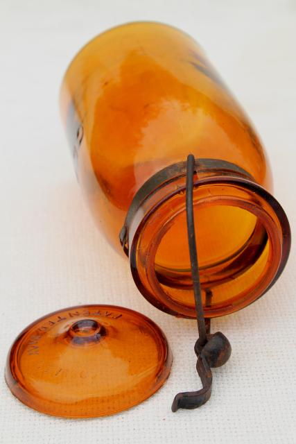 photo of antique amber glass bottle Globe fruit canning jar w/ wire bail lid vintage 1886 patent date #8
