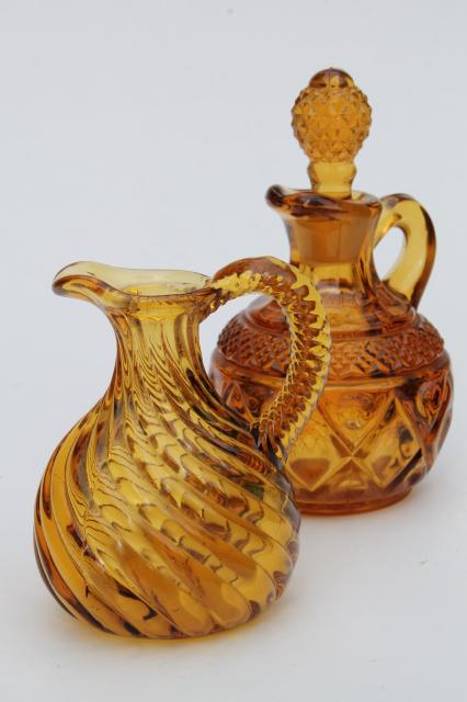 photo of antique amber glass cruets, EAPG vintage blown pressed pattern glass pitchers #1