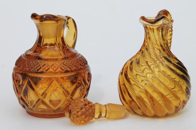 photo of antique amber glass cruets, EAPG vintage blown pressed pattern glass pitchers #6