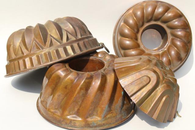 photo of antique and vintage French copper molds, heavy bundt pan ring mold lot  #1