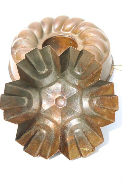 photo of antique and vintage French copper molds, heavy bundt pan ring mold lot  #11