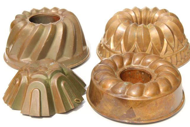 photo of antique and vintage French copper molds, heavy bundt pan ring mold lot  #12