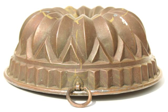 photo of antique and vintage French copper molds, heavy bundt pan ring mold lot  #13