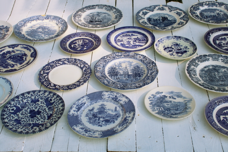 photo of antique & vintage blue & white china plates lot 18 different patterns, sizes gallery wall decor  #1