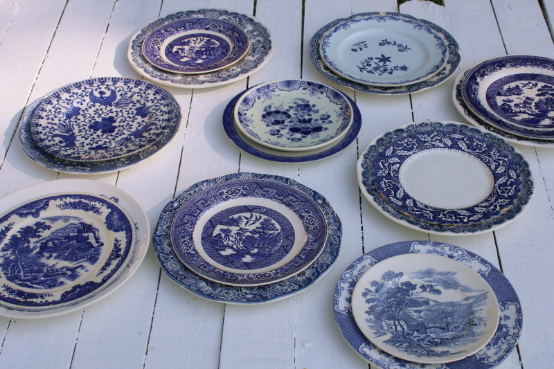 photo of antique & vintage blue & white china plates lot 18 different patterns, sizes gallery wall decor  #5