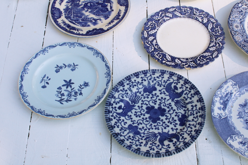 photo of antique & vintage blue & white china plates lot 18 different patterns, sizes gallery wall decor  #12