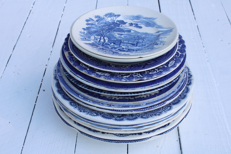 photo of antique & vintage blue & white china plates lot 18 different patterns, sizes gallery wall decor  #16