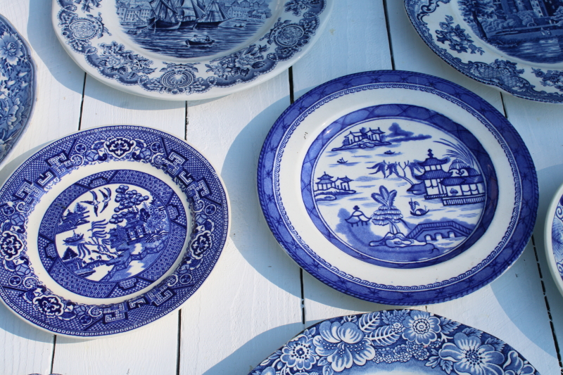 photo of antique & vintage blue & white china plates lot 18 different patterns, sizes gallery wall decor  #21
