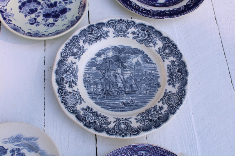 photo of antique & vintage blue & white china plates lot 18 different patterns, sizes gallery wall decor  #22