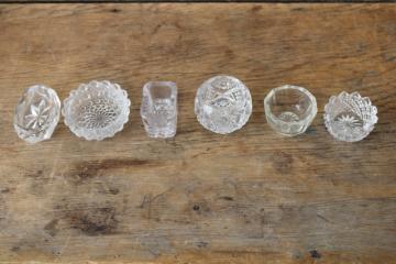 catalog photo of antique and vintage glass salt cellars, lot of 6 different pressed glass salt dip dishes 
