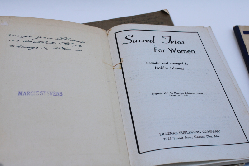 photo of antique and vintage music books, girls glee club & church choir songs old blue & white cover art  #5