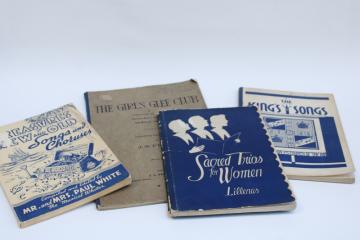 catalog photo of antique and vintage music books, girls glee club & church choir songs old blue & white cover art 