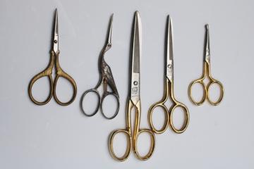 catalog photo of antique & vintage needlework embroidery scissors lot, tiny stork scissors, set of Germany scissors 