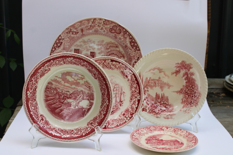 photo of antique & vintage red transferware china plates lot, different sizes & patterns, log cabin, ship etc  #1