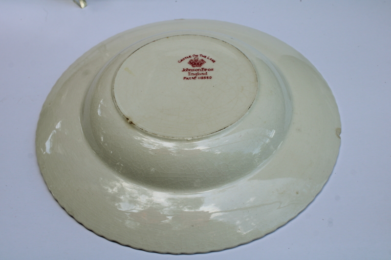 photo of antique & vintage red transferware china plates lot, different sizes & patterns, log cabin, ship etc  #2