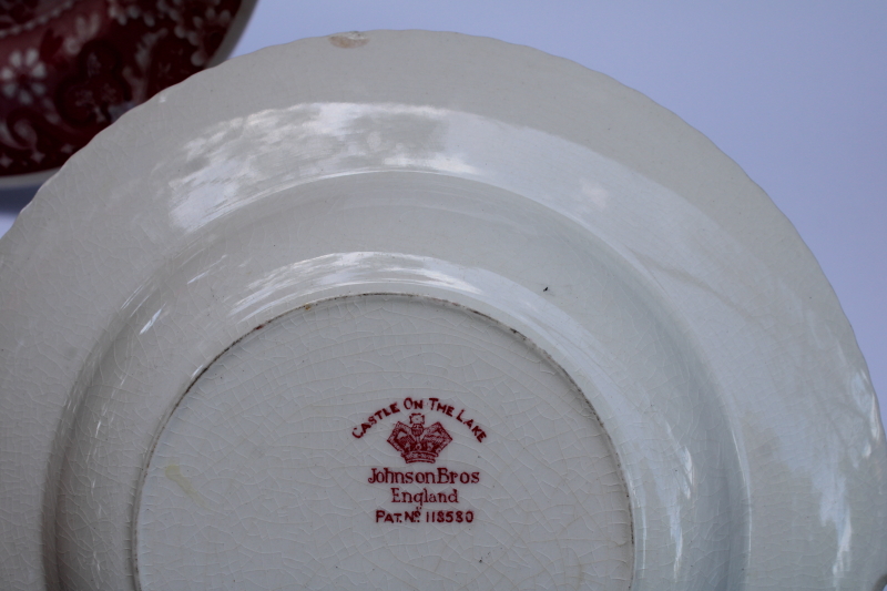 photo of antique & vintage red transferware china plates lot, different sizes & patterns, log cabin, ship etc  #3