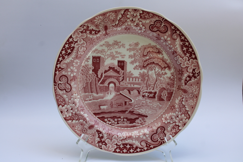 photo of antique & vintage red transferware china plates lot, different sizes & patterns, log cabin, ship etc  #4