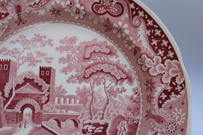 photo of antique & vintage red transferware china plates lot, different sizes & patterns, log cabin, ship etc  #5