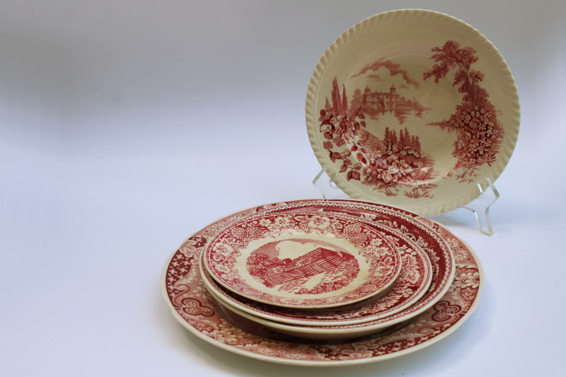 photo of antique & vintage red transferware china plates lot, different sizes & patterns, log cabin, ship etc  #7