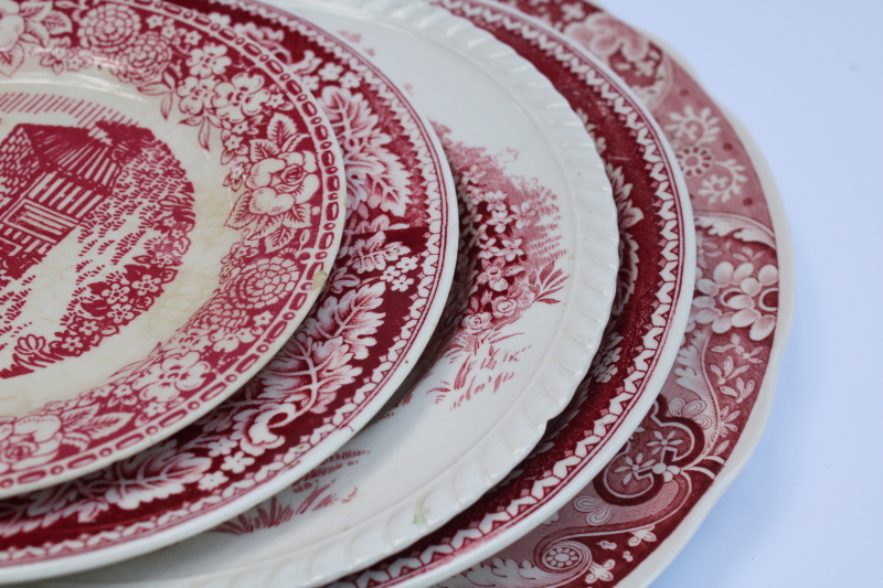 photo of antique & vintage red transferware china plates lot, different sizes & patterns, log cabin, ship etc  #8