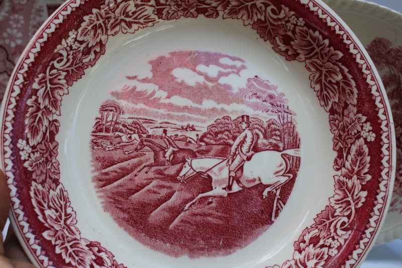 photo of antique & vintage red transferware china plates lot, different sizes & patterns, log cabin, ship etc  #9