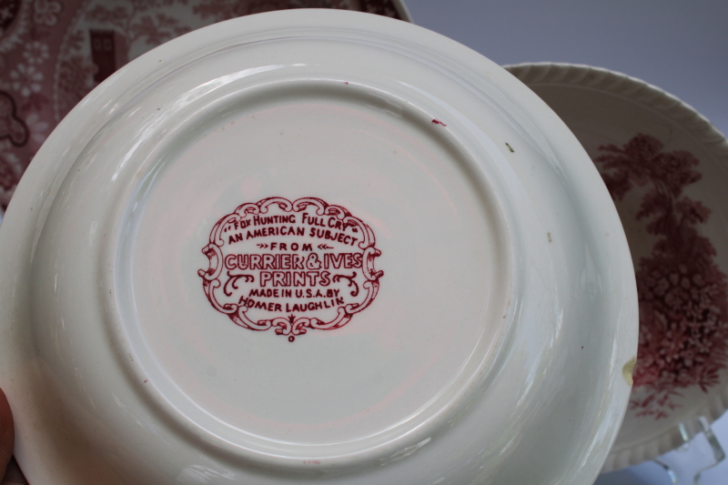 photo of antique & vintage red transferware china plates lot, different sizes & patterns, log cabin, ship etc  #10