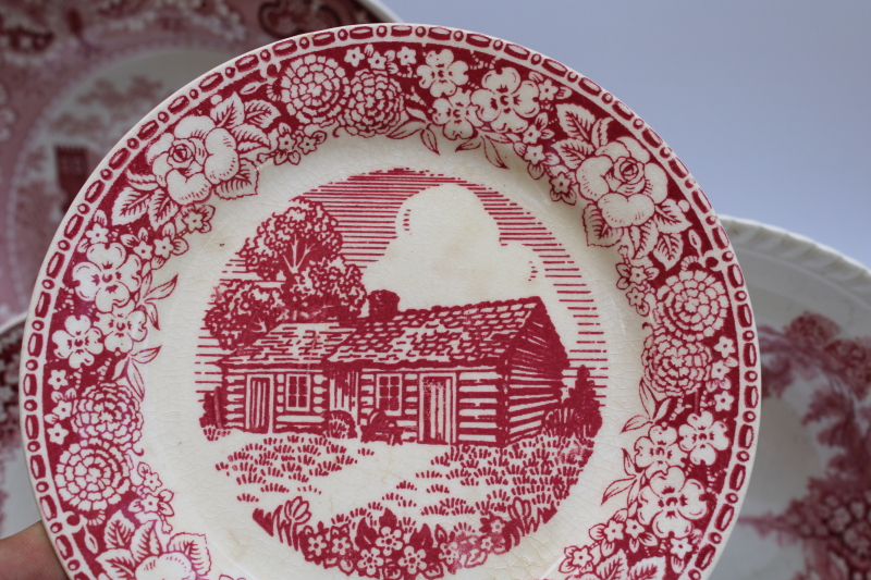 photo of antique & vintage red transferware china plates lot, different sizes & patterns, log cabin, ship etc  #11