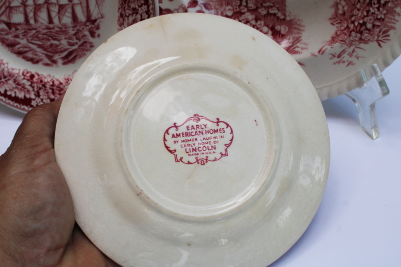 photo of antique & vintage red transferware china plates lot, different sizes & patterns, log cabin, ship etc  #12