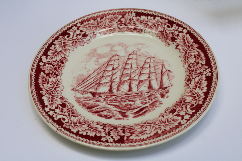 photo of antique & vintage red transferware china plates lot, different sizes & patterns, log cabin, ship etc  #13