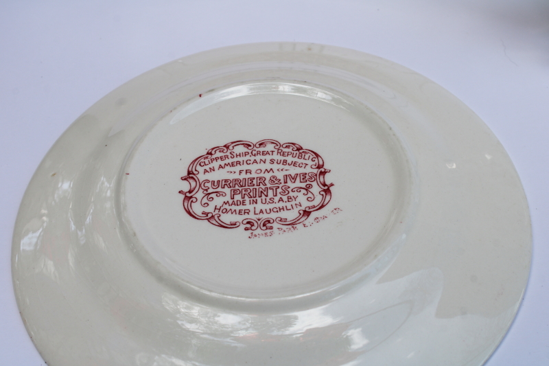 photo of antique & vintage red transferware china plates lot, different sizes & patterns, log cabin, ship etc  #14