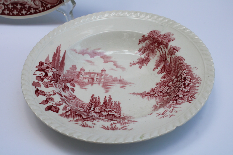 photo of antique & vintage red transferware china plates lot, different sizes & patterns, log cabin, ship etc  #15