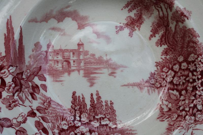 photo of antique & vintage red transferware china plates lot, different sizes & patterns, log cabin, ship etc  #16