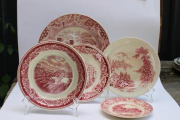 catalog photo of antique & vintage red transferware china plates lot, different sizes & patterns, log cabin, ship etc 