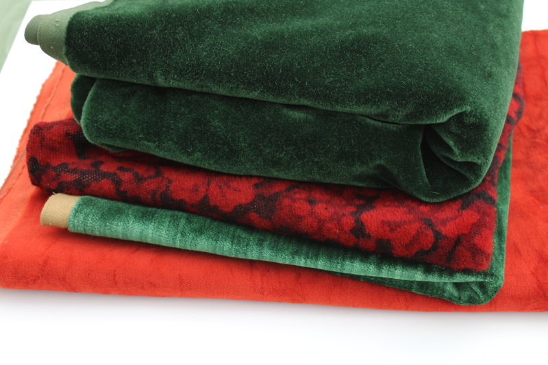 photo of antique and vintage upholstery fabric remnants lot, mohair plush, velveteen rich jewel colors emerald green & red  #1
