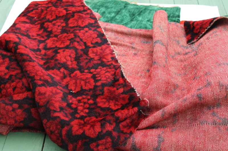 photo of antique and vintage upholstery fabric remnants lot, mohair plush, velveteen rich jewel colors emerald green & red #7