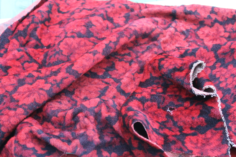 photo of antique and vintage upholstery fabric remnants lot, mohair plush, velveteen rich jewel colors emerald green & red #8