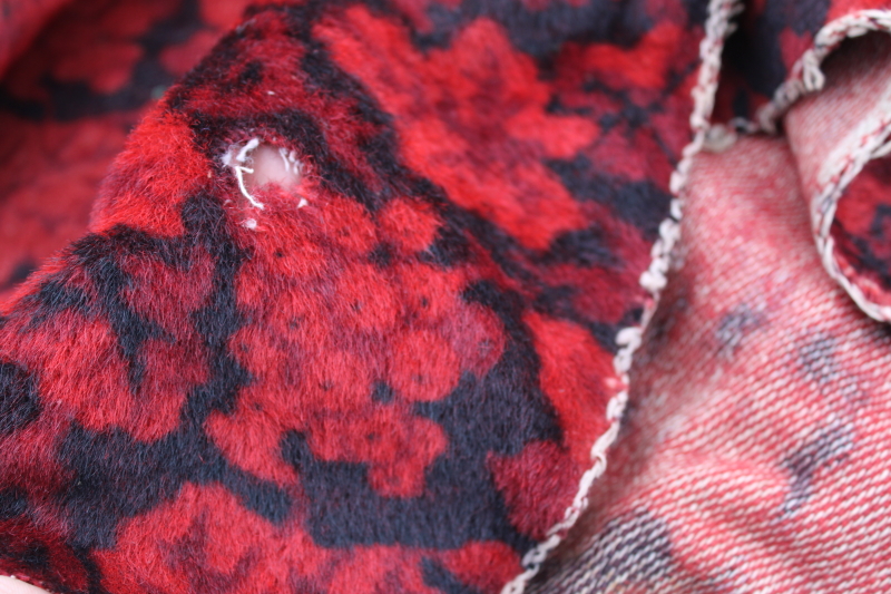 photo of antique and vintage upholstery fabric remnants lot, mohair plush, velveteen rich jewel colors emerald green & red #9